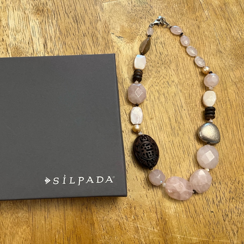 Silpada Sterling Silver Pink Rose Quartz Palm Wood Necklace